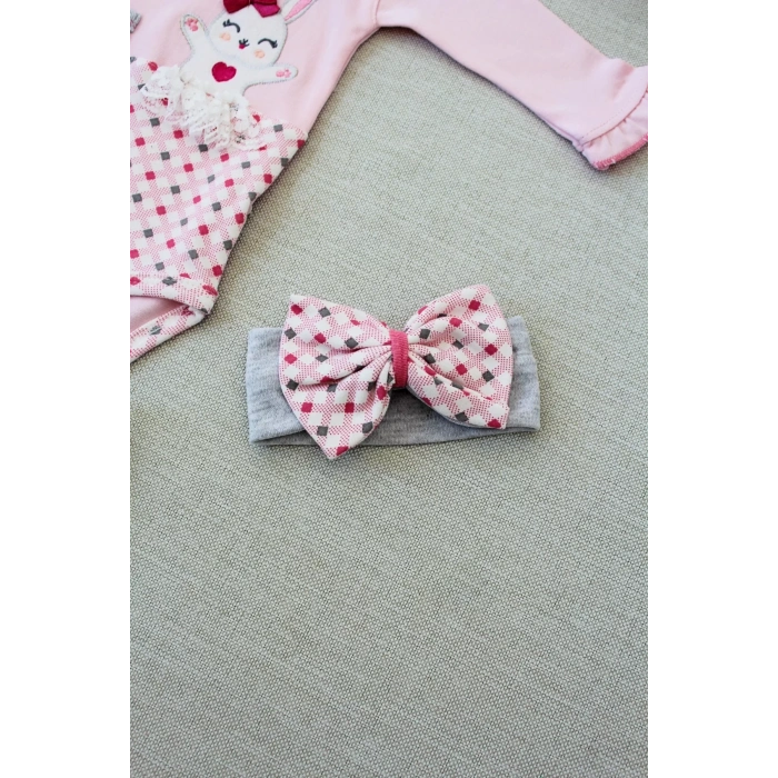 Eterelle 3-6 9-12 12-18 Ay Havuç Tavşan Nakışlı Bandanalı Uzun Kollu Zıbınlı 3lü Kız Bebek Tak Pembe