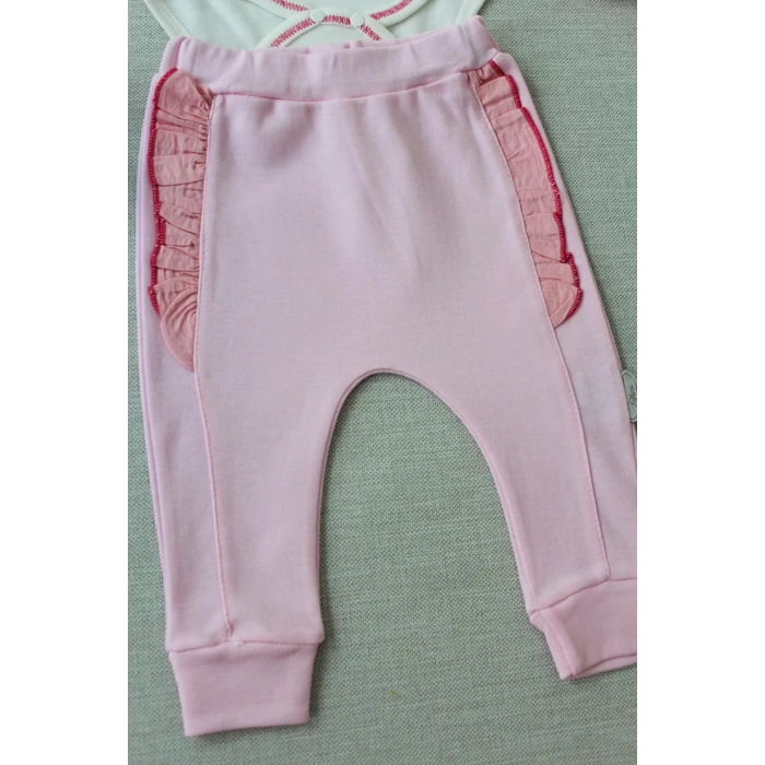 Eterelle 3-6 6-9 9-12 Ay Hello Nakışlı Kruvaze Bandanalı Uzun Kollu Zıbınlı 3lü Kız Bebek Takımı Pembe