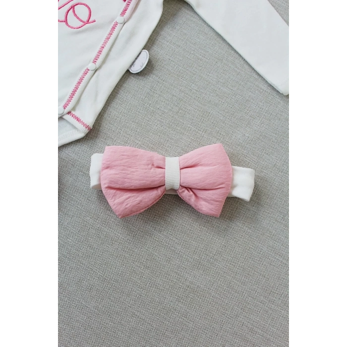 Eterelle 3-6 6-9 9-12 Ay Hello Nakışlı Kruvaze Bandanalı Uzun Kollu Zıbınlı 3lü Kız Bebek Takımı Pembe