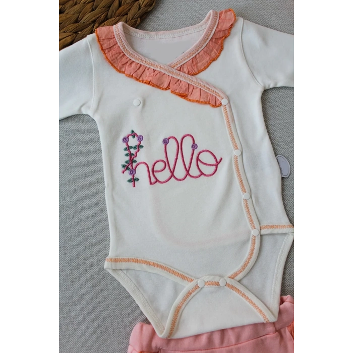 Eterelle 3-6 6-9 9-12 Ay Hello Nakışlı Kruvaze Bandanalı Uzun Kollu Zıbınlı 3lü Kız Bebek Takımı Somon