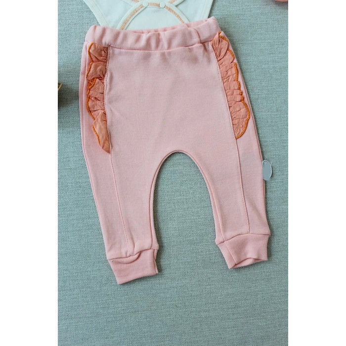 Eterelle 3-6 6-9 9-12 Ay Hello Nakışlı Kruvaze Bandanalı Uzun Kollu Zıbınlı 3lü Kız Bebek Takımı Somon