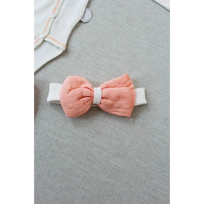 Eterelle 3-6 6-9 9-12 Ay Hello Nakışlı Kruvaze Bandanalı Uzun Kollu Zıbınlı 3lü Kız Bebek Takımı Somon