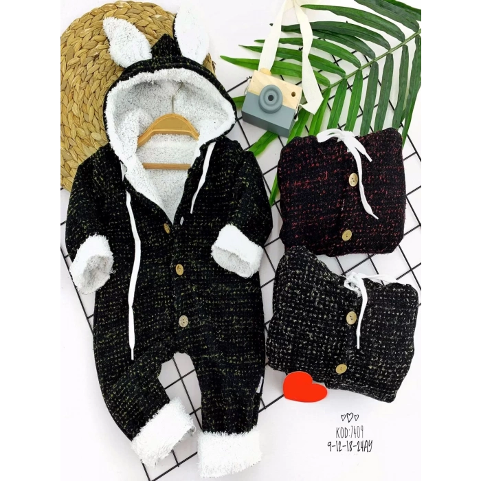 Eterelle 9-12-18-24 Ay İçi Kuzulu Düğme Kapamalı Kulaklı Kapşonlu Uzun Kollu Kız Erkek Bebek Tulumu Siyah