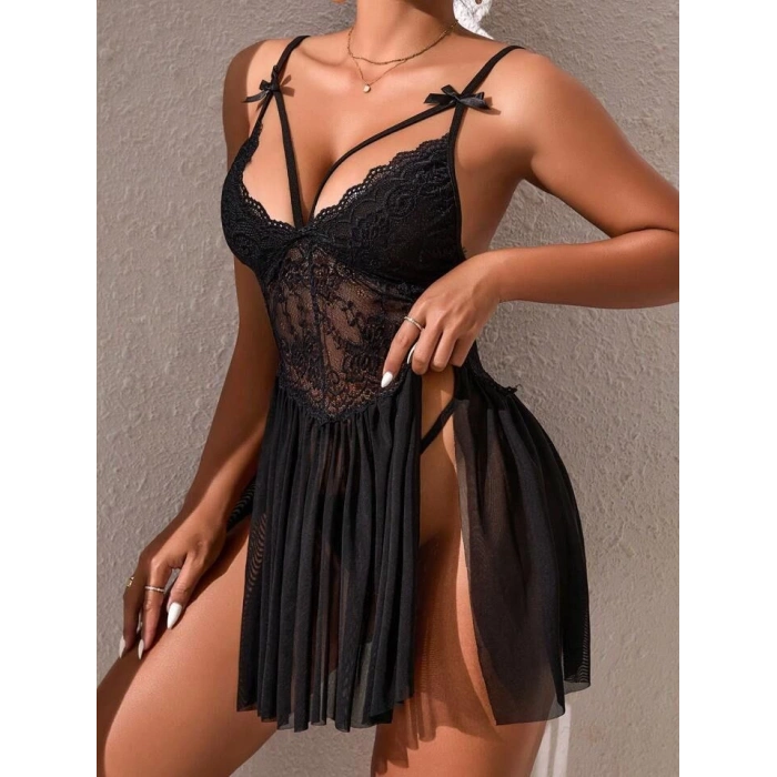 Kadın dantel detaylı tül transparan fantezi gecelik