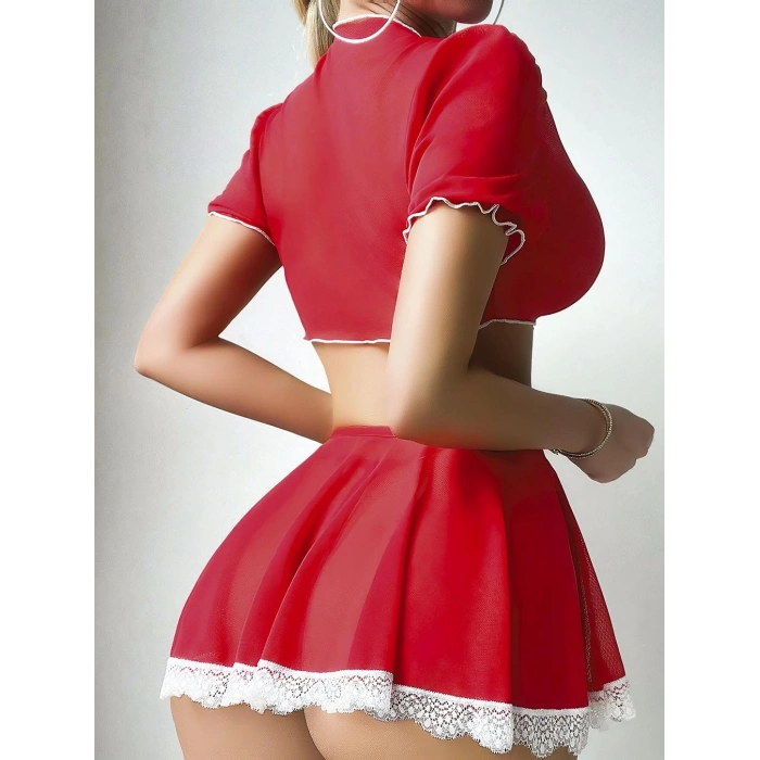 Kadın kırmızı etekli kalp detaylı fantezi ikili takım