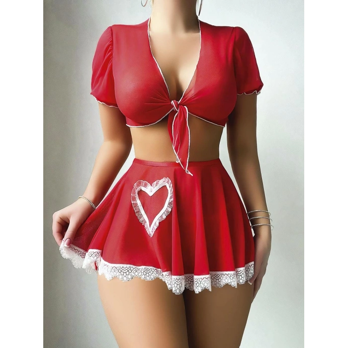 Kadın kırmızı etekli kalp detaylı fantezi ikili takım