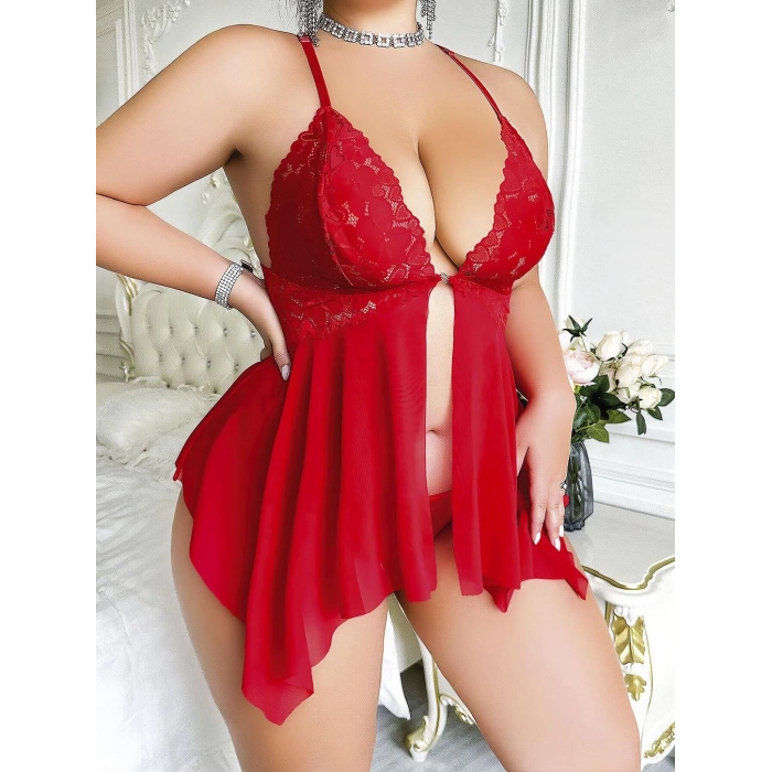 Kadın kırmızı fantezi büyük beden gecelik takımı