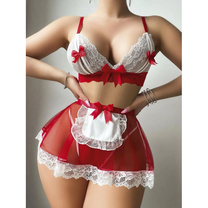 Kadın kırmızı tül etekli fantezi takım