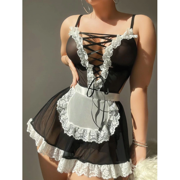 Kadın tül transparan fantezi hizmetçi kostümü