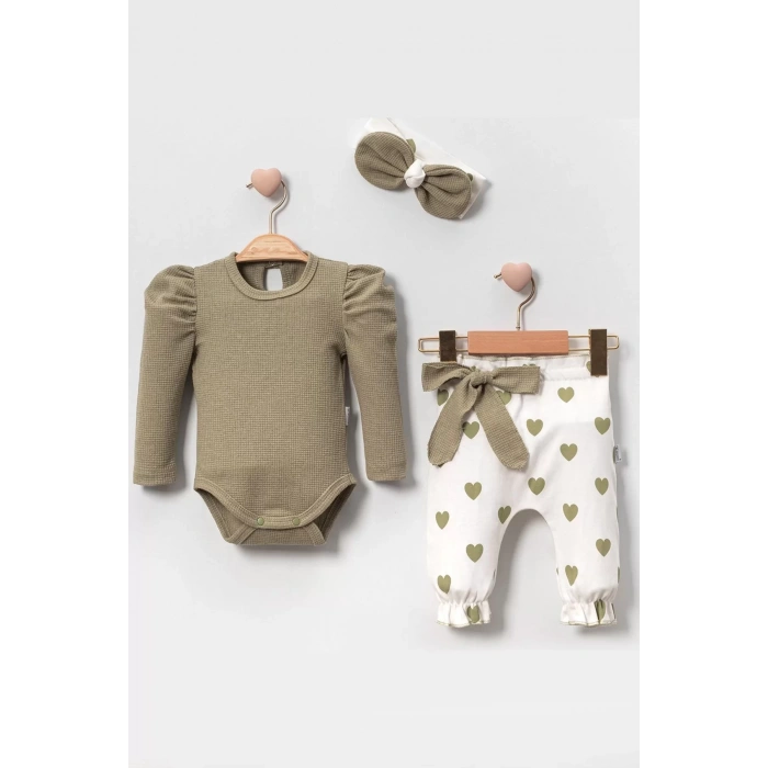 Eterelle Kalp Baskılı Bandanalı 3lü Lüx Waffle Kız Bebek Takım