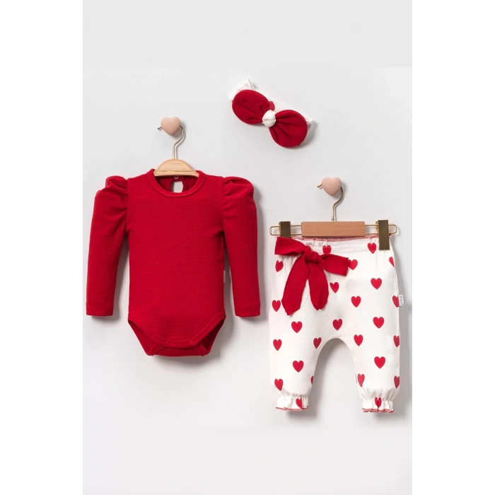 Eterelle Kalp Baskılı Bandanalı 3lü Lüx Waffle Kız Bebek Takım