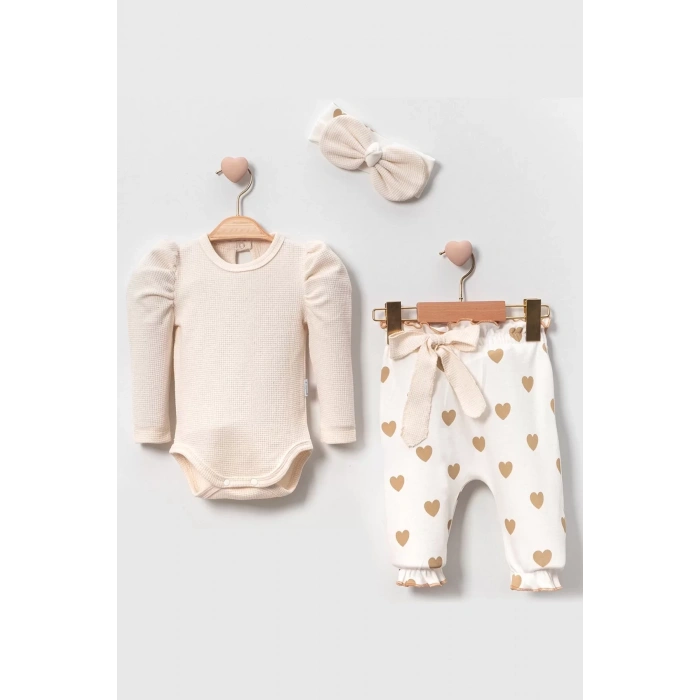 Eterelle Kalp Baskılı Bandanalı 3lü Lüx Waffle Kız Bebek Takım