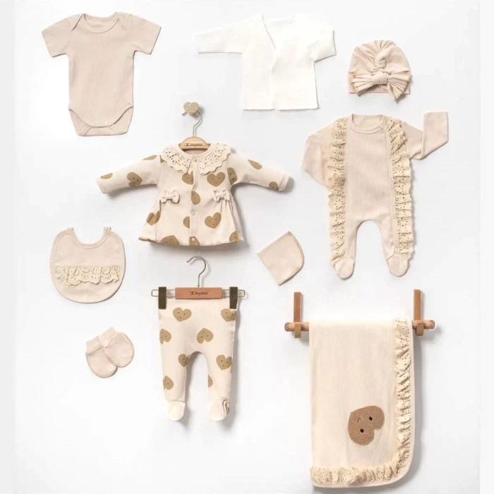 Eterelle Kalp Baskılı Fisto Yaka Kutulu 10 Parça Hastane Çıkışı Zıbın Seti %100 Pamuk