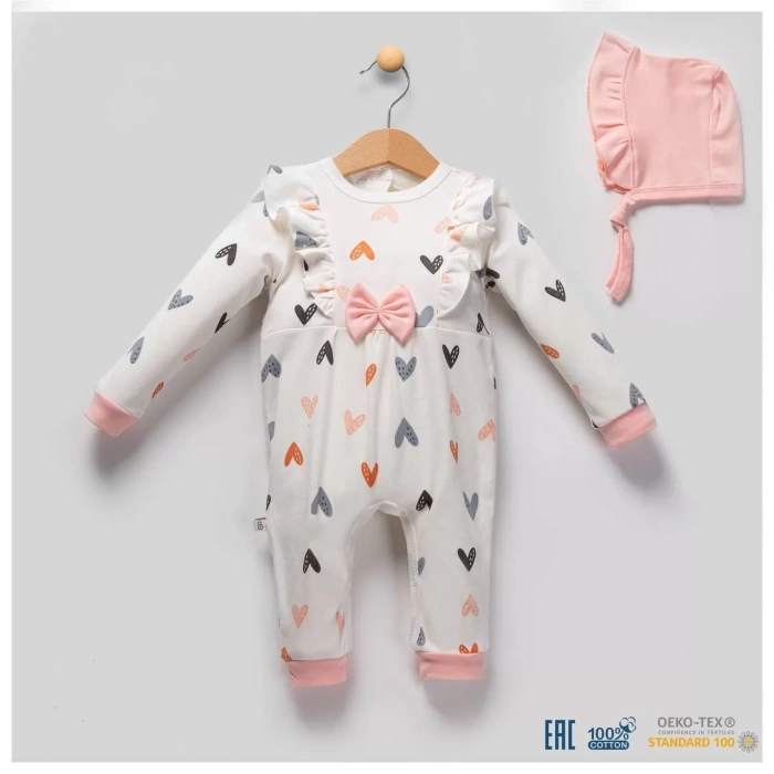 Eterelle Kalp Desenli % 100 Pamuk Kız Bebek Tulumu