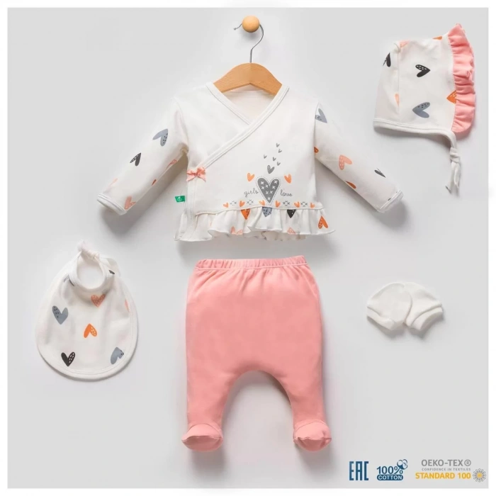 Eterelle Kalp Desenli 5li Hastane Çıkışı Seti %100 Pamuk