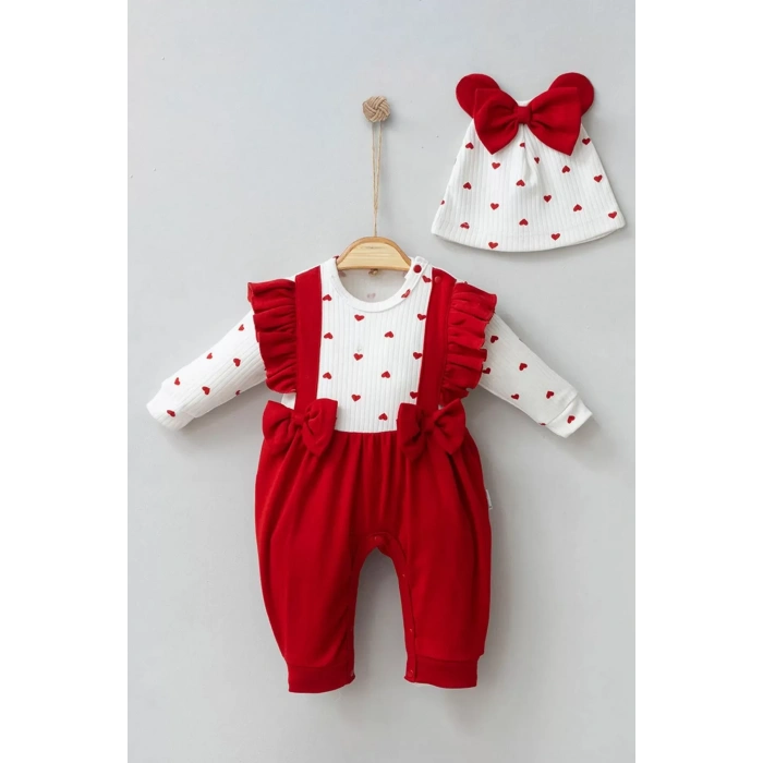 Eterelle Kalp Desenli Fiyonk Detaylı % 100 Pamuk Kız Bebek Tulumu
