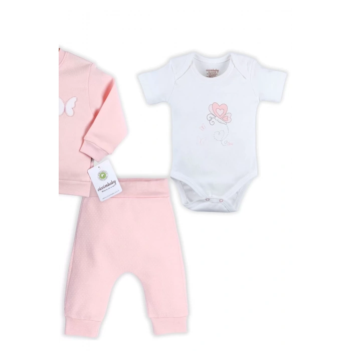 Eterelle Kalp Desenli Hırkalı % 100 Pamuk 3lü Kız Takım