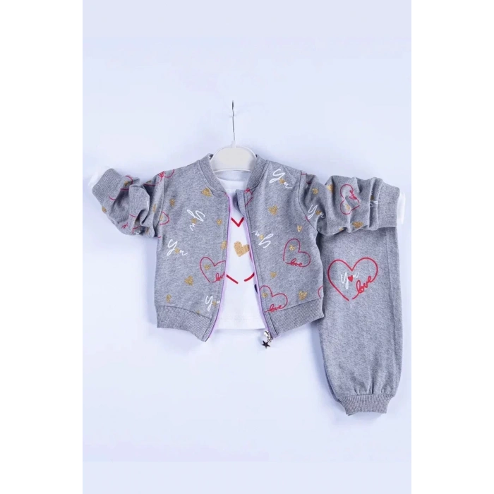 Eterelle Kalp Desenli Hırkalı Pamuklu 3lü Kız Bebek Takımı