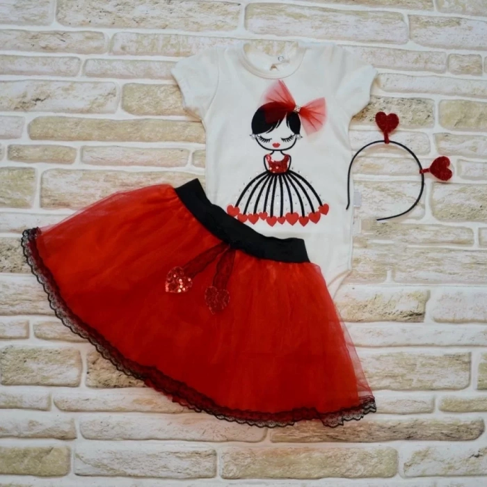 Eterelle 9-12-18 Ay Kalp Kız Nakışlı Taçlı Kısa Kollu Tütü Etek 3lü Kız Bebek Takımı Kırmızı