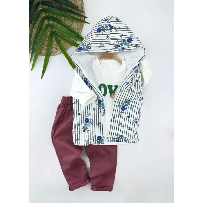 Eterelle 3-4-5-6 Yaş Kapşonlu Fermuarlı Çiçekli Şişme Yelek Sweat Pantolonlu 3lü Kız Erkek Çocuk Takımı Yeşil