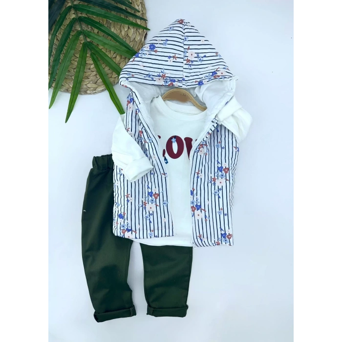 Eterelle 3-4-5-6 Yaş Kapşonlu Fermuarlı Çiçekli Şişme Yelek Sweat Pantolonlu 3lü Kız Erkek Çocuk Takımı Mavi