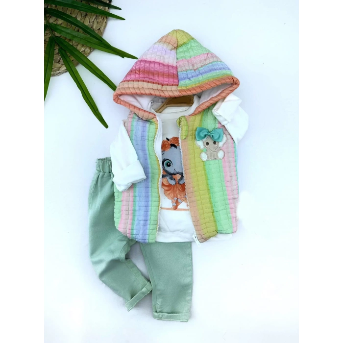 Eterelle 9-12-18-24 Ay Kapşonlu Fermuarlı Gökkuşağı Şişme Yelek Sweat Pantolonlu 3lü Kız Erkek Bebek Takımı Su Yeşili