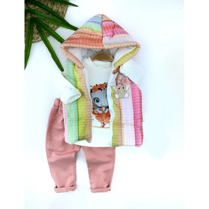Eterelle 9-12-18-24 Ay Kapşonlu Fermuarlı Gökkuşağı Şişme Yelek Sweat Pantolonlu 3lü Kız Erkek Bebek Takımı Pembe