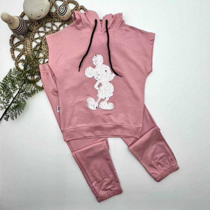 Eterelle 3-4-5 Yaş Kapşonlu Payetli Mickey Desenli Kısa Kol 2li Kız Erkek Çocuk Takımı Gül Kurusu