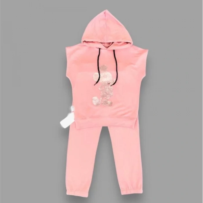 Eterelle 3-4-5 Yaş Kapşonlu Payetli Mickey Desenli Kısa Kol 2li Kız Erkek Çocuk Takımı Gül Kurusu