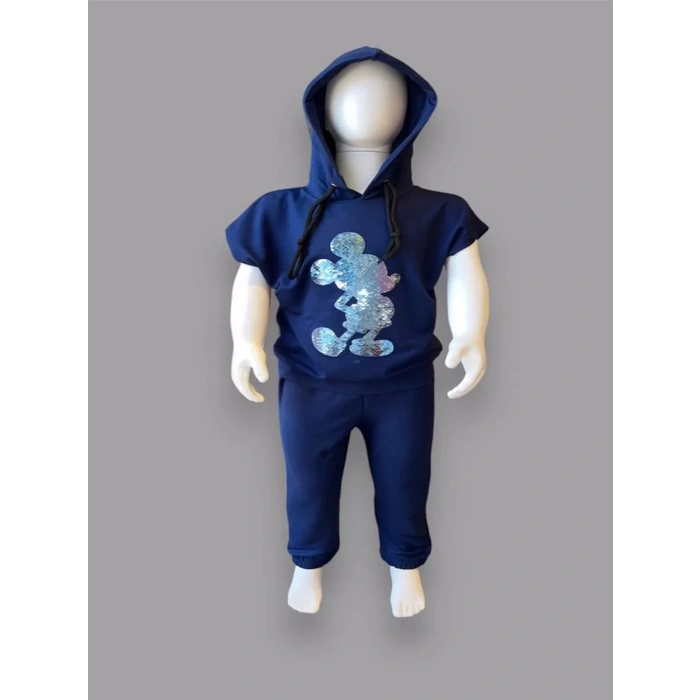 Eterelle 3-4-5 Yaş Kapşonlu Payetli Mickey Desenli Kısa Kol 2li Kız Erkek Çocuk Takımı Lacivert