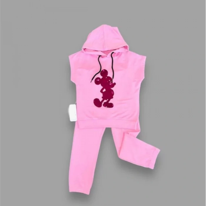 Eterelle 3-4-5 Yaş Kapşonlu Payetli Mickey Desenli Kısa Kol 2li Kız Erkek Çocuk Takımı Pembe