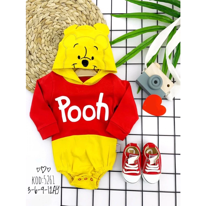 Eterelle 3-6-9-12 Ay Kapşonlu Pooh Desenli Uzun Kollu Kız Erkek Bebek Bady &zıbın Kırmızı