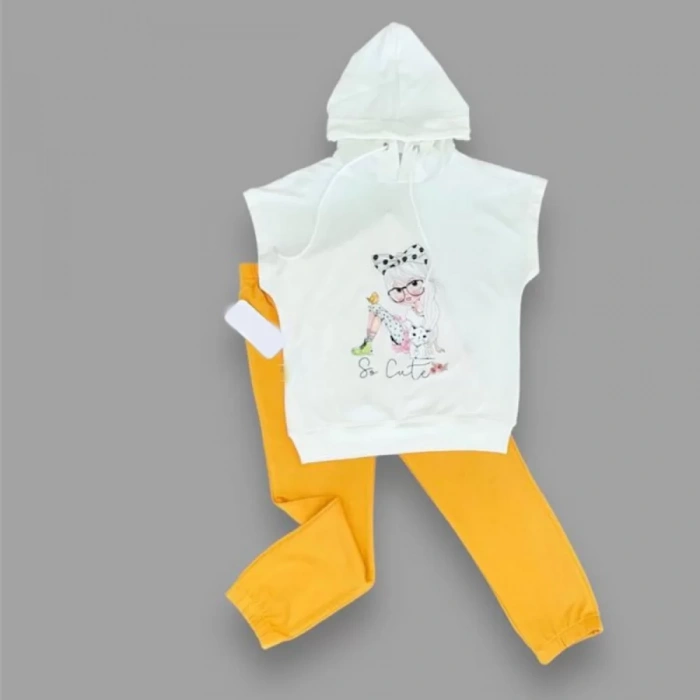 Eterelle 3-4-5 Yaş Kapşonlu Sevimli Kız Baskılı Kısa Kolu 2li Kız Erkek Çocuk Takımı Hardal