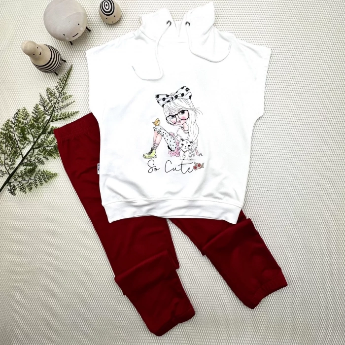 Eterelle 3-4-5 Yaş Kapşonlu Sevimli Kız Baskılı Kısa Kolu 2li Kız Erkek Çocuk Takımı Kırmızı