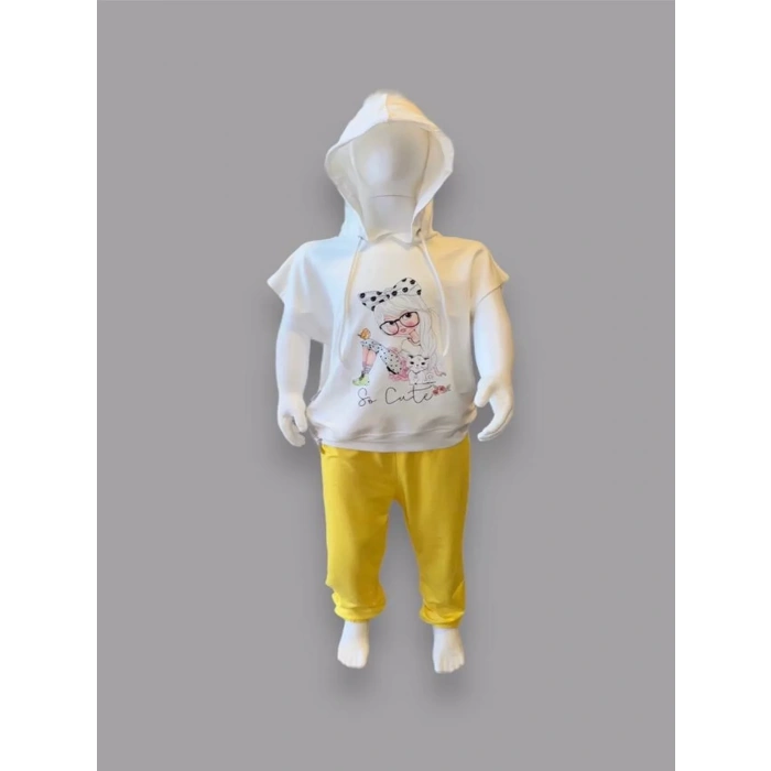 Eterelle 3-4-5 Yaş Kapşonlu Sevimli Kız Baskılı Kısa Kolu 2li Kız Erkek Çocuk Takımı Sarı
