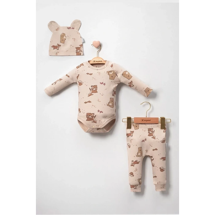 Eterelle Karaca Desenli % 100 Pamuk 3lü Şapkalı Erkek Bebek Takım