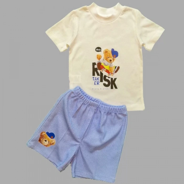 Eterelle 1-2-3 Yaş Kaykaycı Ayı Baskılı Şortlu Kısa Kollu Tişört 2li Erkek Bebek Takımı Ekru