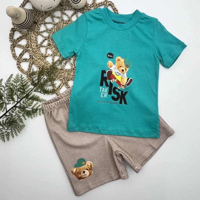 Eterelle 1-2-3 Yaş Kaykaycı Ayı Baskılı Şortlu Kısa Kollu Tişört 2li Erkek Bebek Takımı Turkuaz