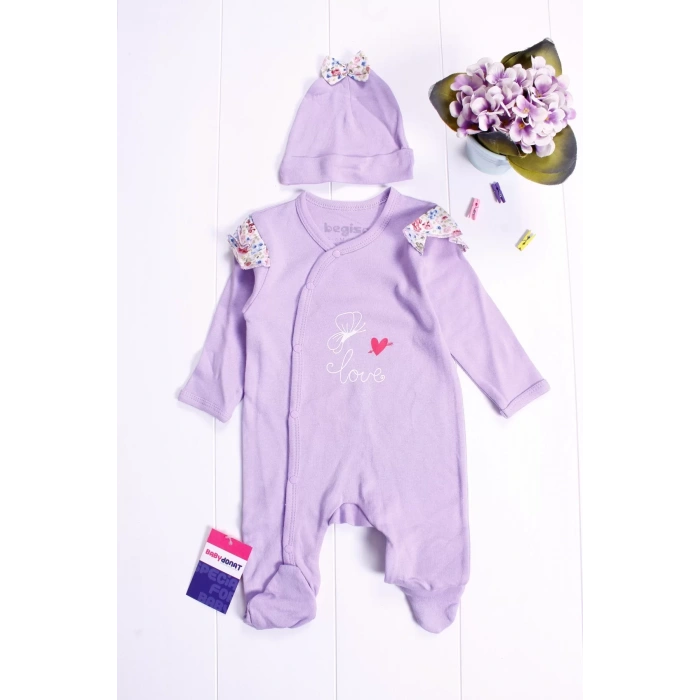 Eterelle Kelebek Desenli Omuz Detaylı Şapkalı Kız Bebek Tulumu