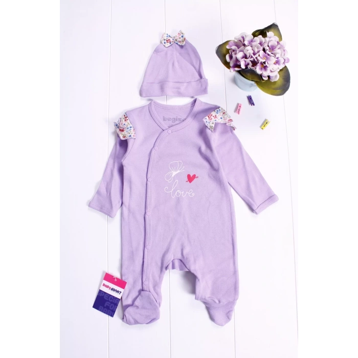 Eterelle Kelebek Desenli Omuz Detaylı Şapkalı Kız Bebek Tulumu