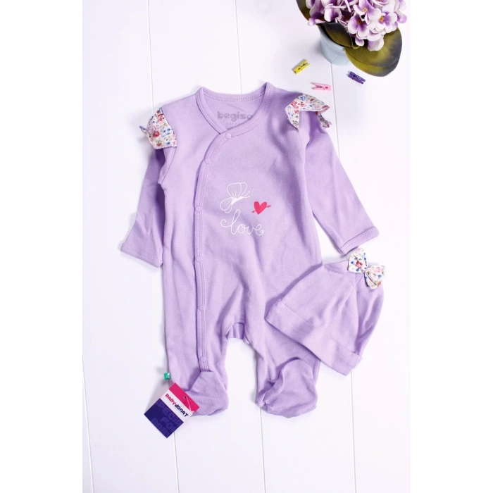 Eterelle Kelebek Desenli Omuz Detaylı Şapkalı Kız Bebek Tulumu