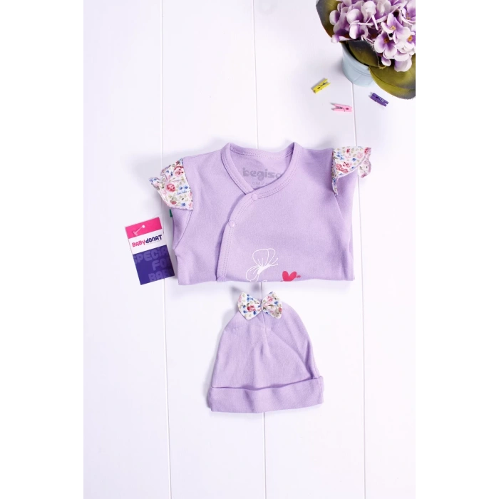 Eterelle Kelebek Desenli Omuz Detaylı Şapkalı Kız Bebek Tulumu