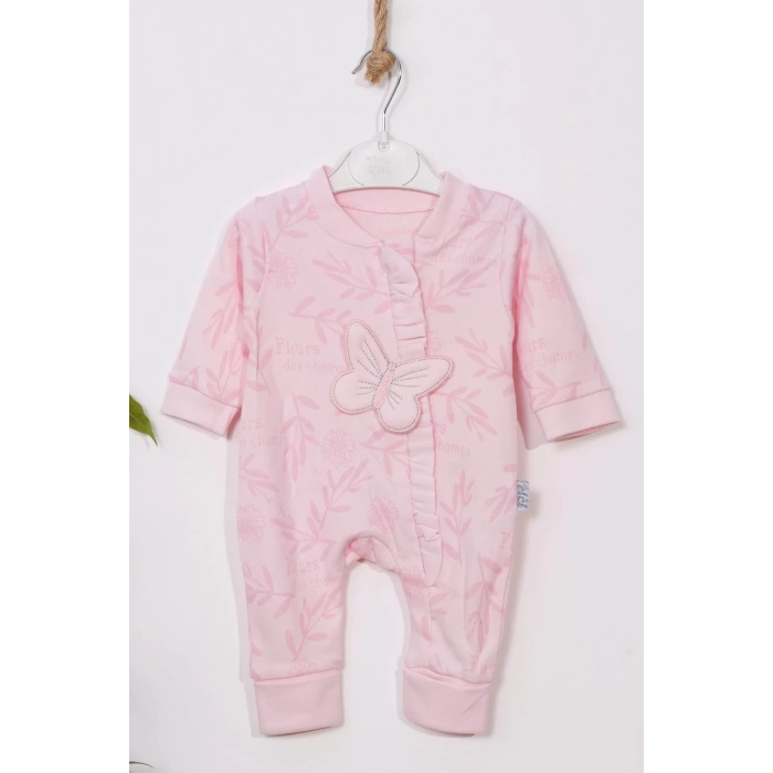 Eterelle Kelebek Nakışlı % 100 Pamuk Ayaklı Kız Bebek Tulumu