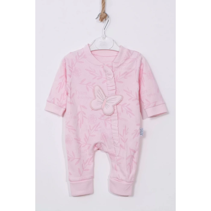 Eterelle Kelebek Nakışlı % 100 Pamuk Ayaklı Kız Bebek Tulumu