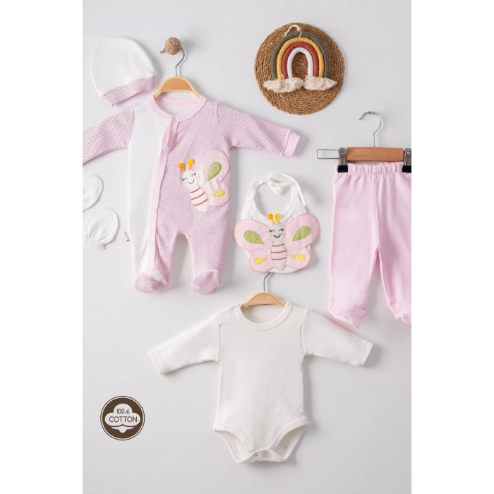 Eterelle Kelebek Nakışlı Puanlı Tulumlu % 100 Pamuk Kız Bebek 5li Set