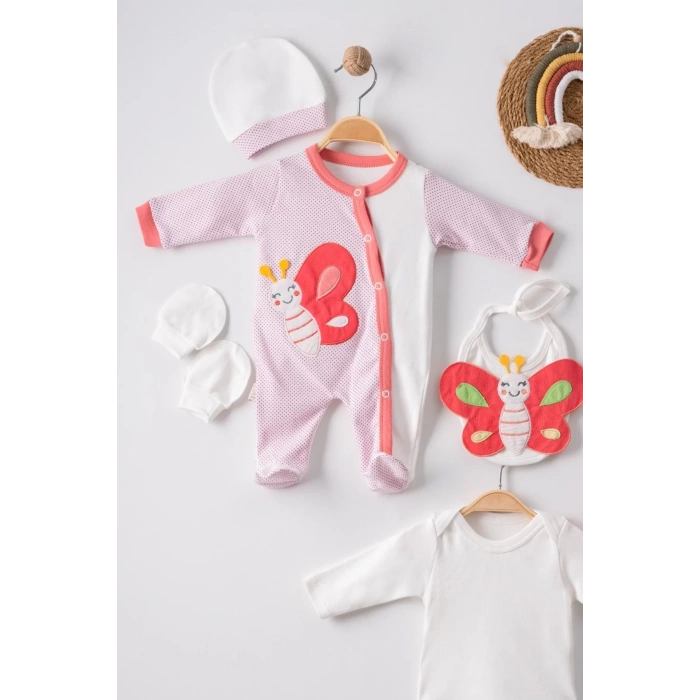 Eterelle Kelebek Nakışlı Puanlı Tulumlu % 100 Pamuk Kız Bebek 5li Set
