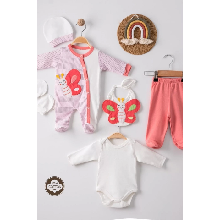 Eterelle Kelebek Nakışlı Puanlı Tulumlu % 100 Pamuk Kız Bebek 5li Set
