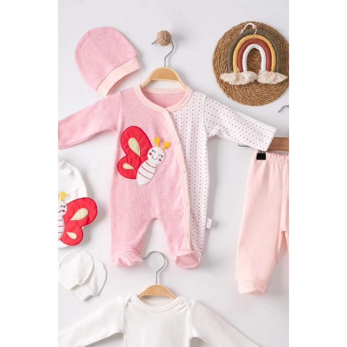 Eterelle Kelebek Nakışlı Puanlı Tulumlu % 100 Pamuk Kız Bebek 5li Set