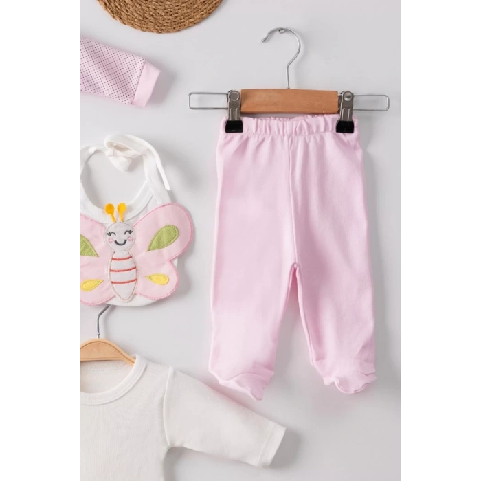 Eterelle Kelebek Nakışlı Puanlı Tulumlu % 100 Pamuk Kız Bebek 5li Set