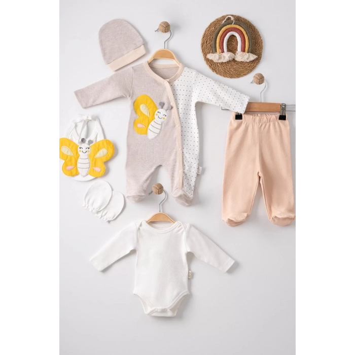 Eterelle Kelebek Nakışlı Tulumlu % 100 Pamuk Erkek Bebek 5li Set